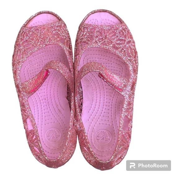 CROCS Other - CROCS Isabella Floral Cut Out Clear Pink Glitter Sandal Shoes Flat Mary Jane C13